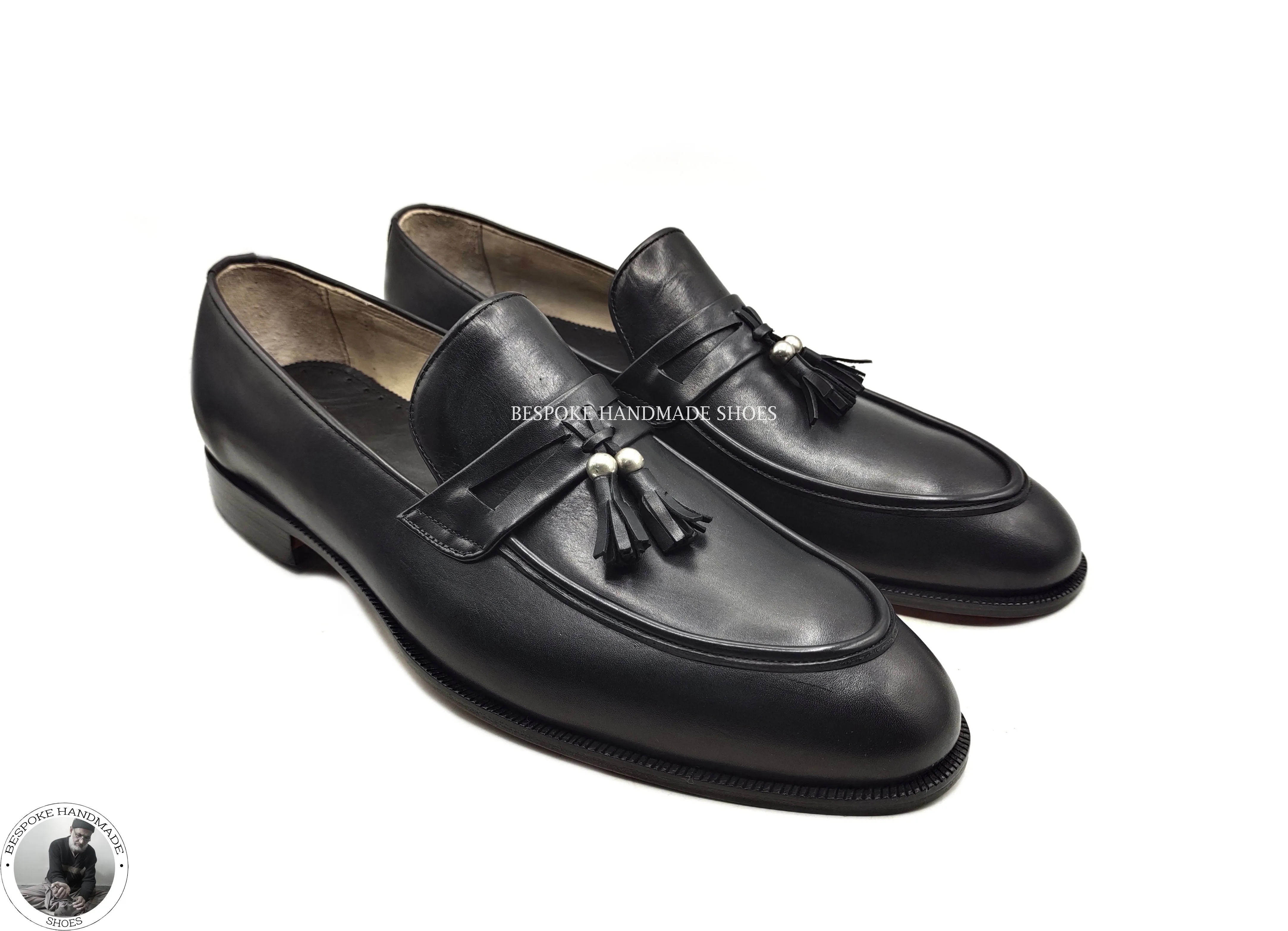 Men's Handmade Shoe, Black Leather Tassels Loafers Moccasin Slip On Dress Shoes