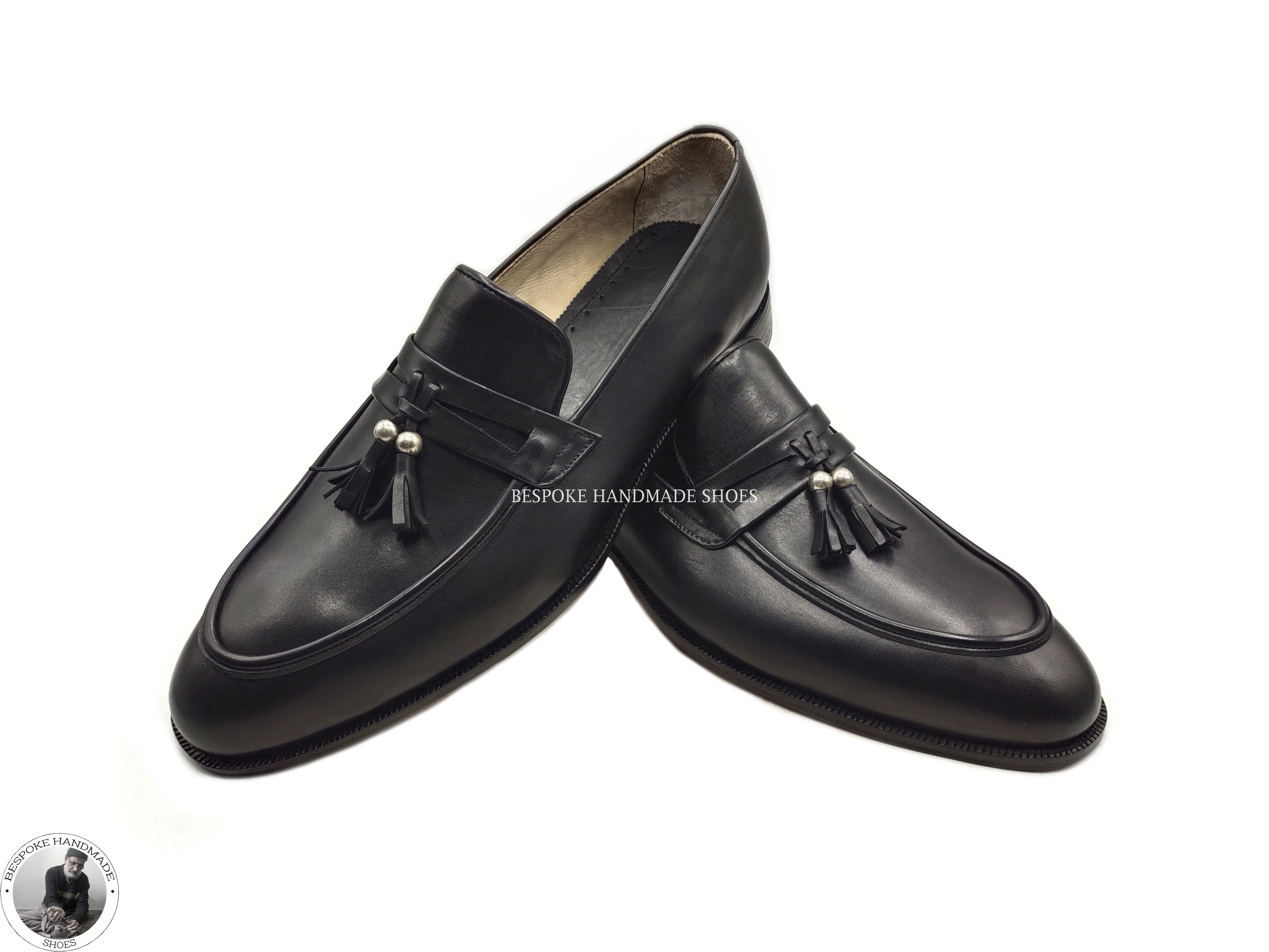 Men's Handmade Shoe, Black Leather Tassels Loafers Moccasin Slip On Dress Shoes