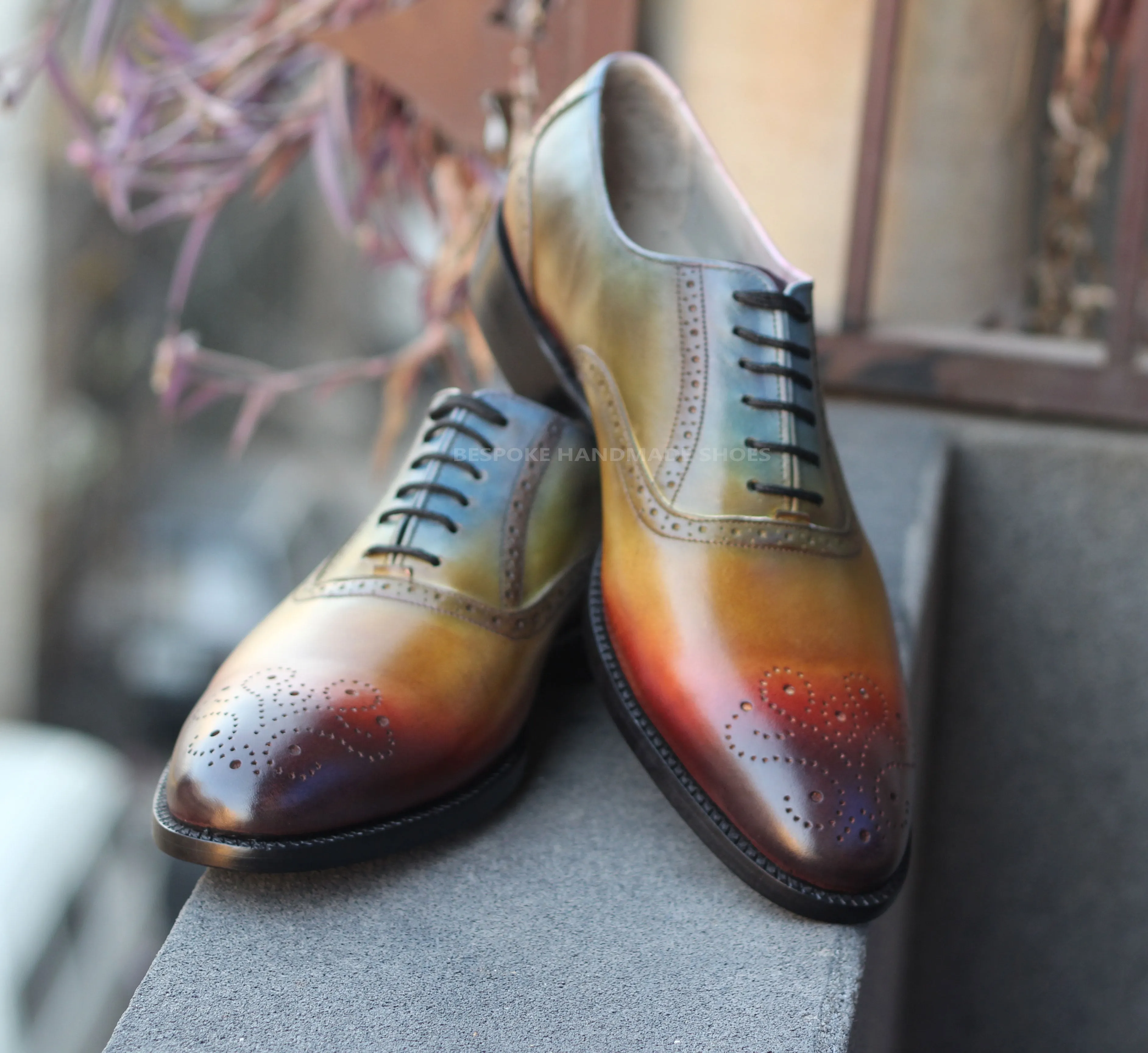 Men's Patina Art multi color Leather Brogue Oxford Dress Handmade man Shoes