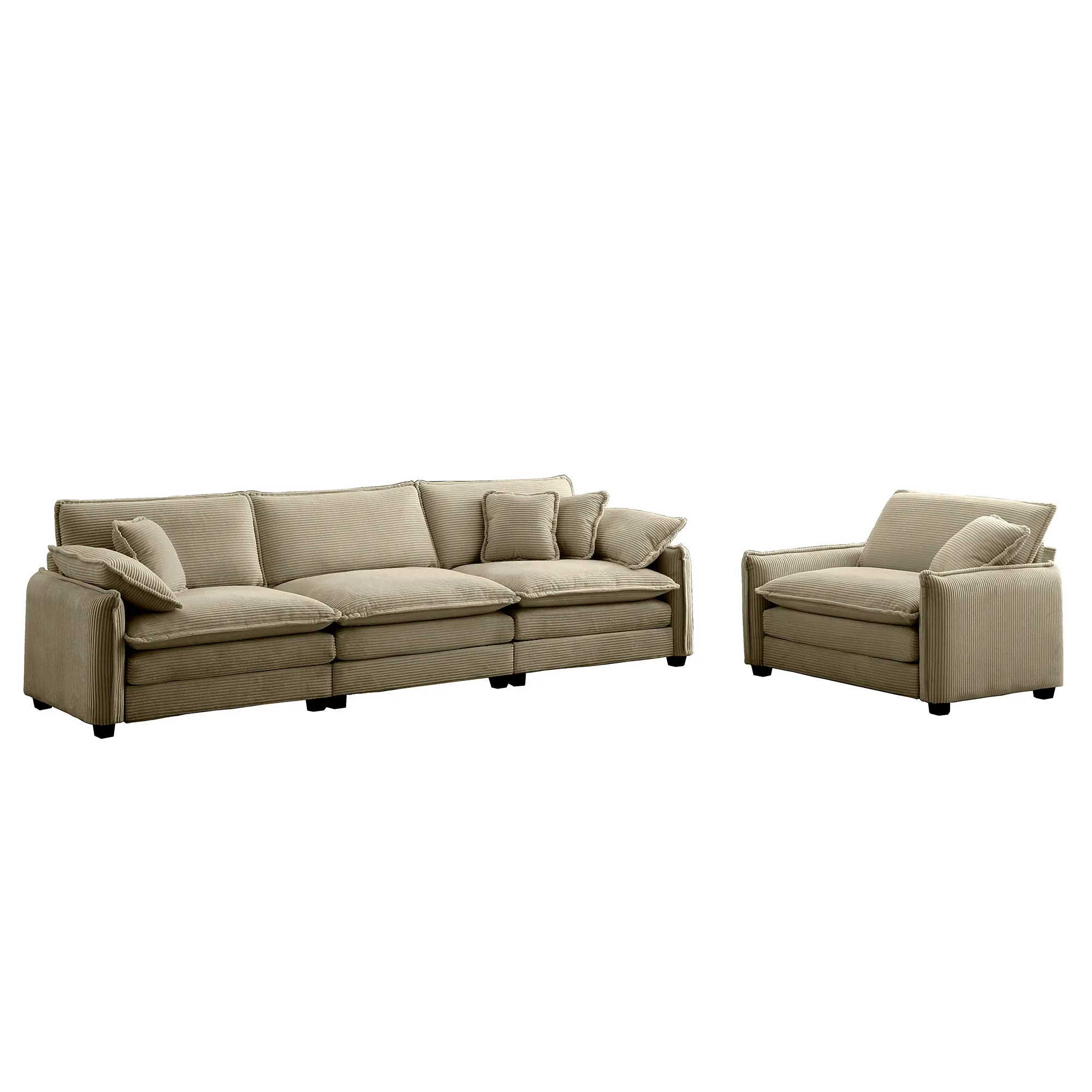 Mid-Century Modern Sofa Set of Two, One 3-Seater Sofa and One Single Seat Sofa with 2 Arm Pillows and 4 Throw Pillows,2 Pieces Sofa Set for Living Room,Tan Corduroy Fabric