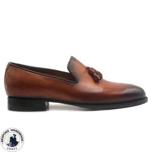 New Men's Handmade Brown Leather Shaded Toe Leather Tassels Slip On Moccasin Casual Men's Shoes