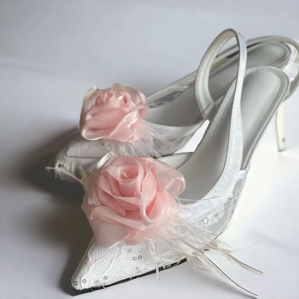 Organza Rose Fabric Flower Feather Shoes Clips, Handmade Decor - Pink