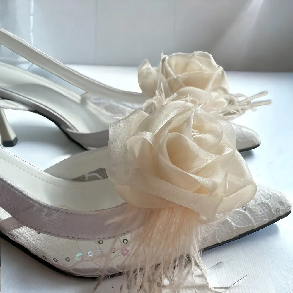 Organza Rose Fabric Flower Feather Shoes Clips, Handmade Decor - Pink