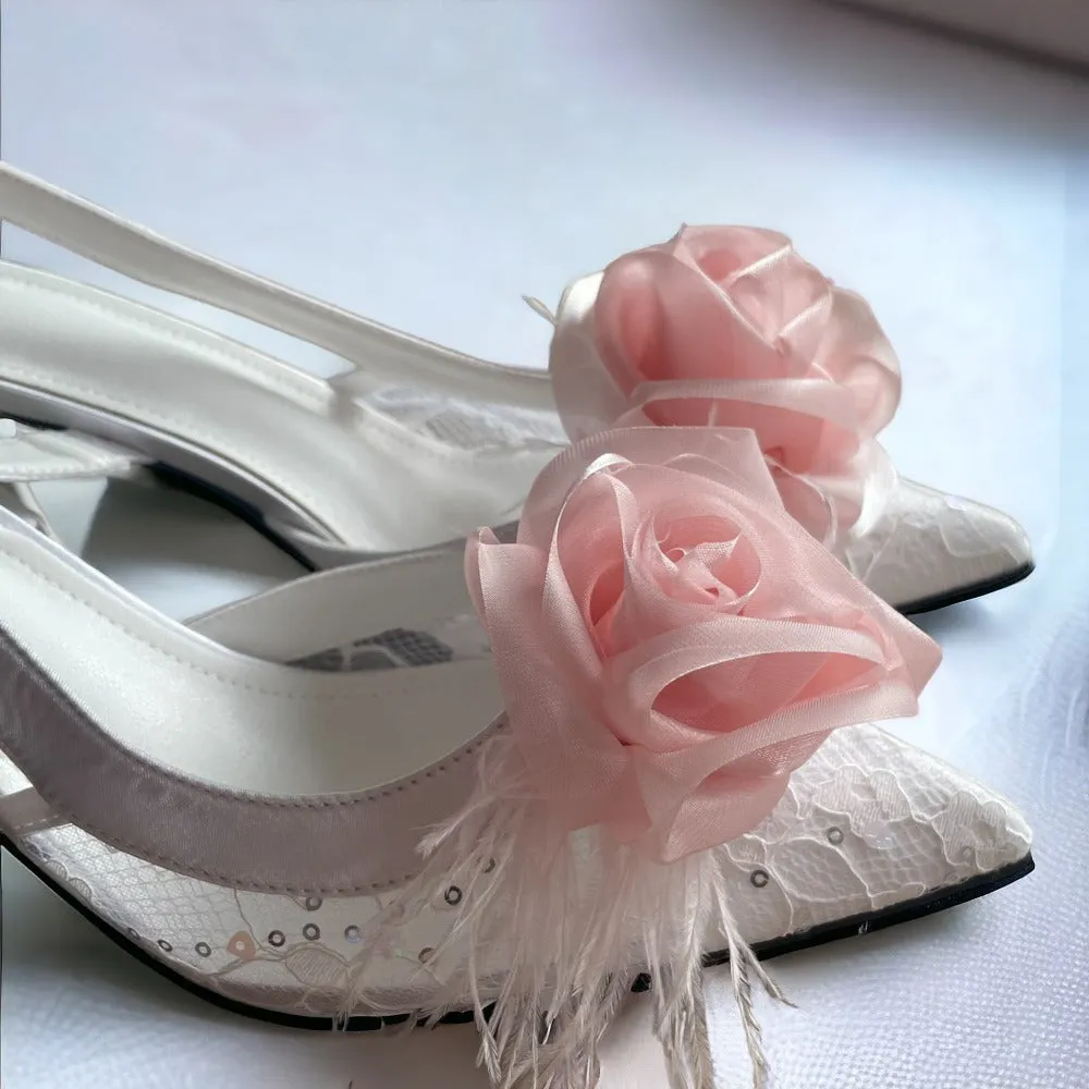 Organza Rose Fabric Flower Feather Shoes Clips, Handmade Decor - Pink