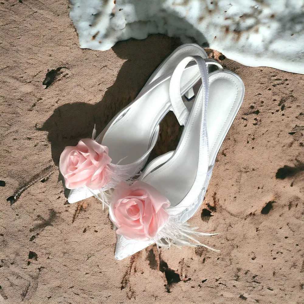 Organza Rose Fabric Flower Feather Shoes Clips, Handmade Decor - Pink