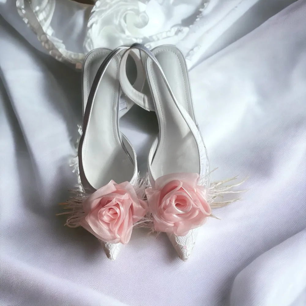 Organza Rose Fabric Flower Feather Shoes Clips, Handmade Decor - Pink