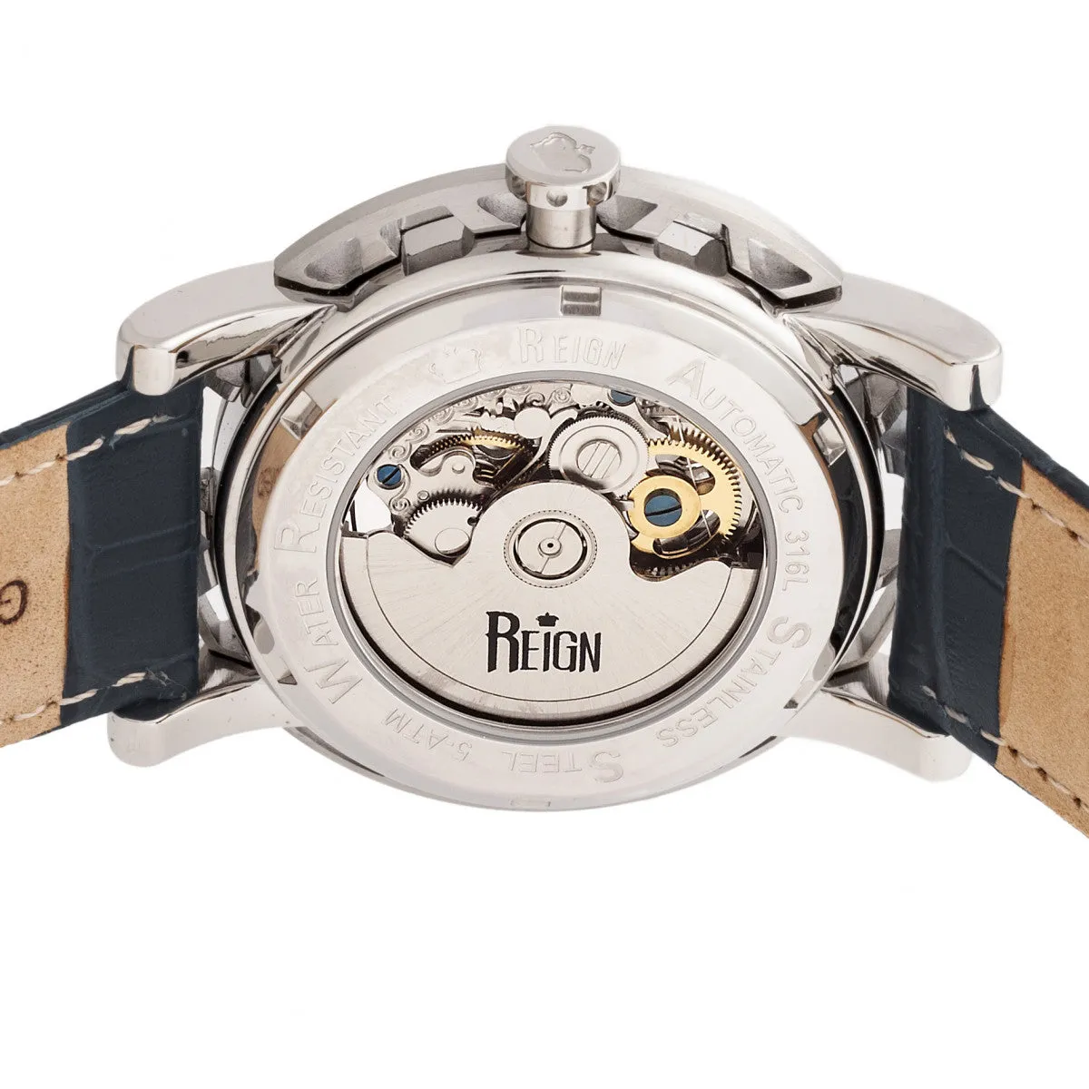 Reign Stavros Automatic Skeleton Leather-Band Watch - Silver/Navy