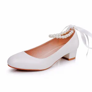 Round Toe Low Chunky Heels Beaded Wedding Shoes