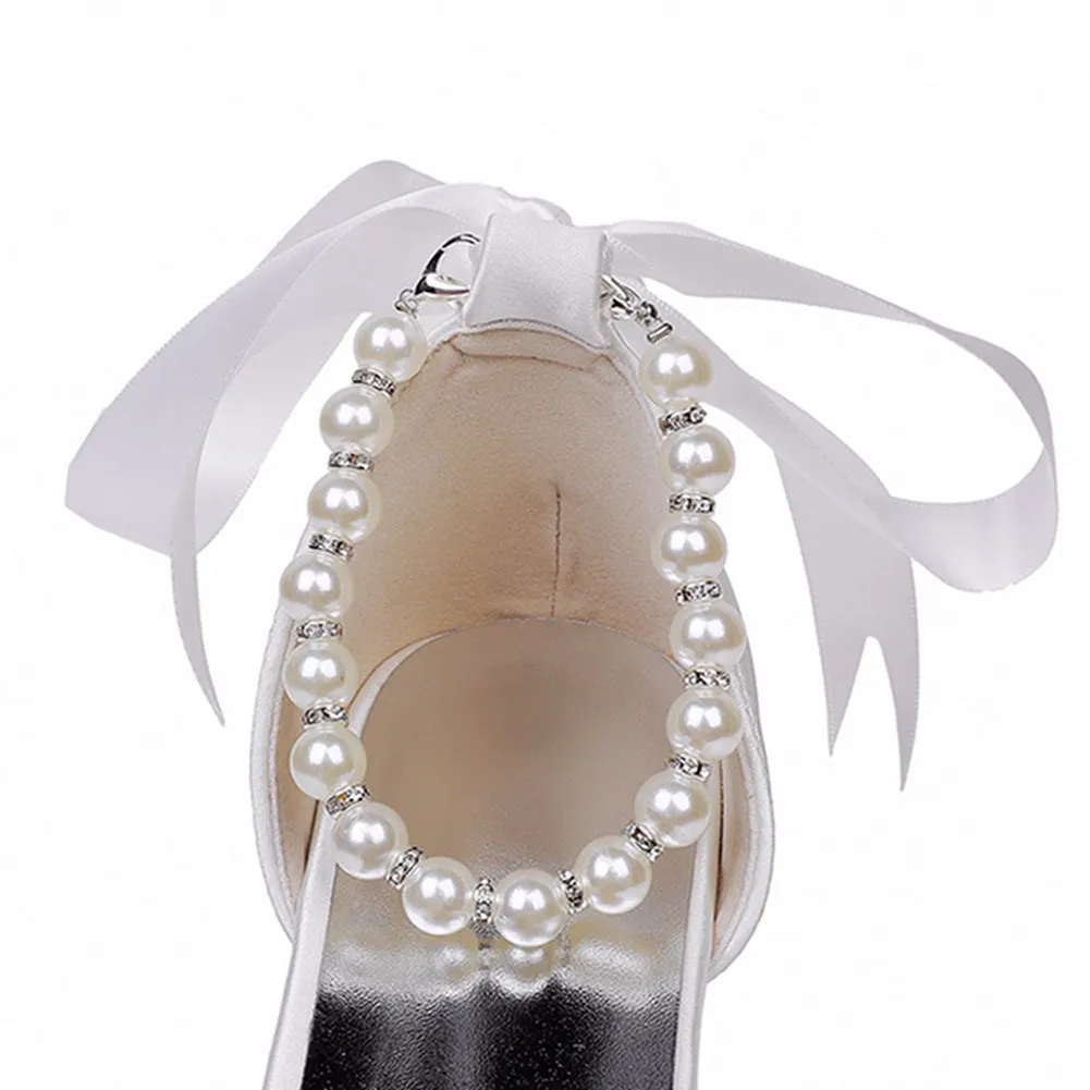 Satin Beaded Ribbon Kitten Heels Bridal Shoes