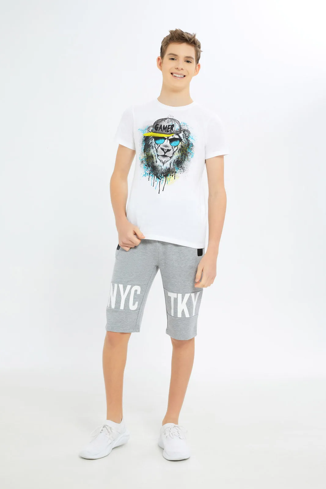 Senior Boys Grey NYC Print Active Short