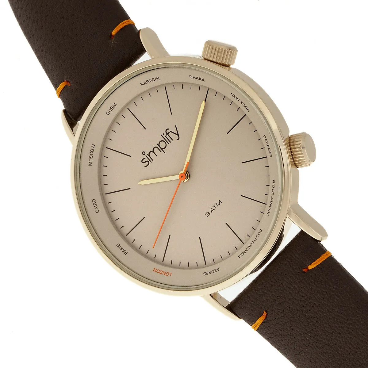 Simplify The 3300 Leather-Band Watch - Dark Brown/Gold