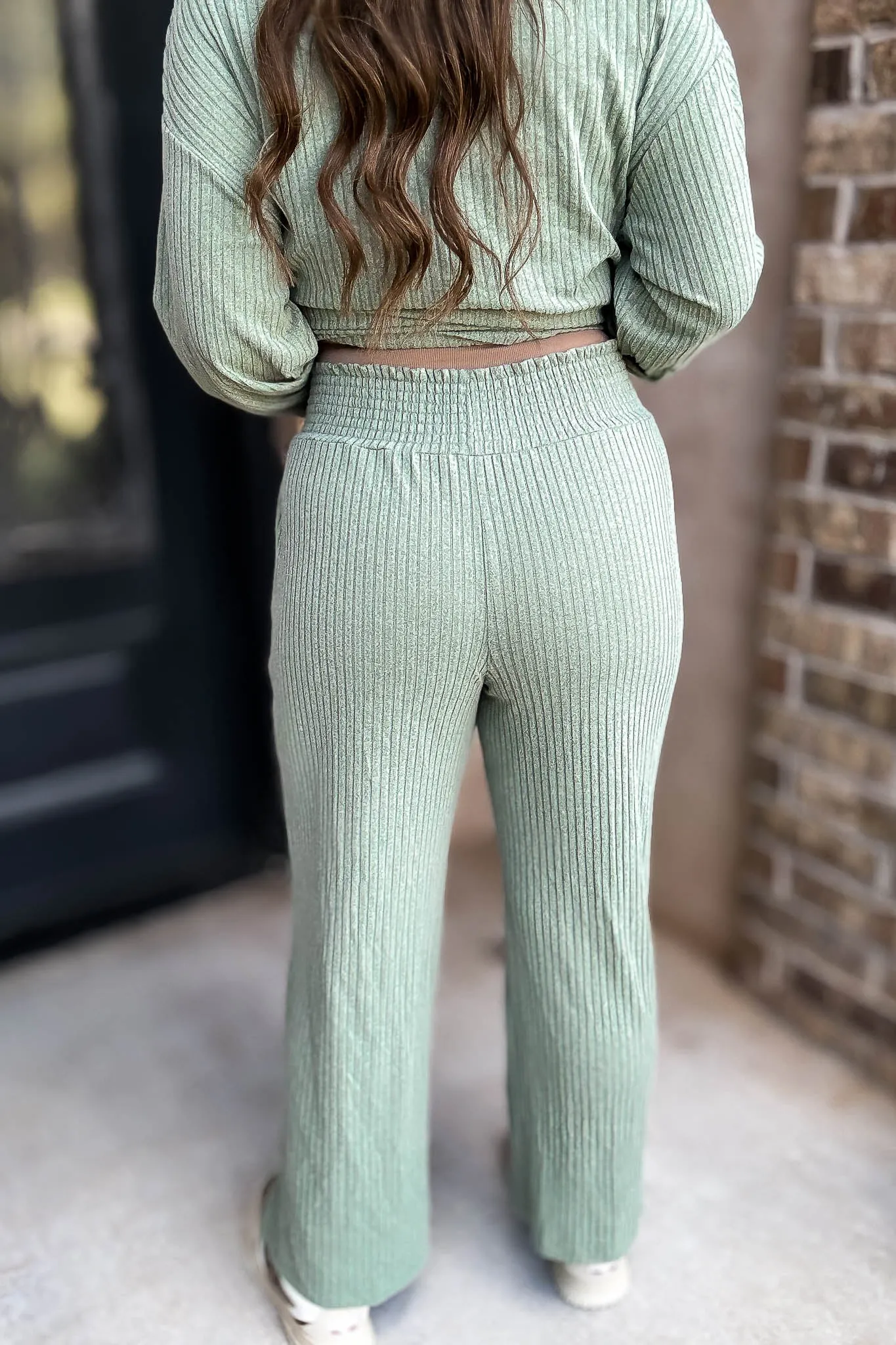 Smocked Waistband Ribbed Wide Leg Sage Pants