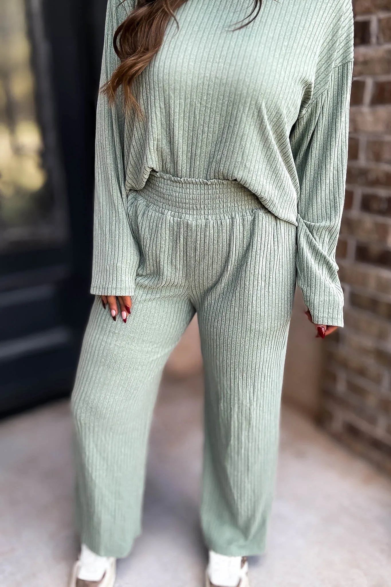 Smocked Waistband Ribbed Wide Leg Sage Pants