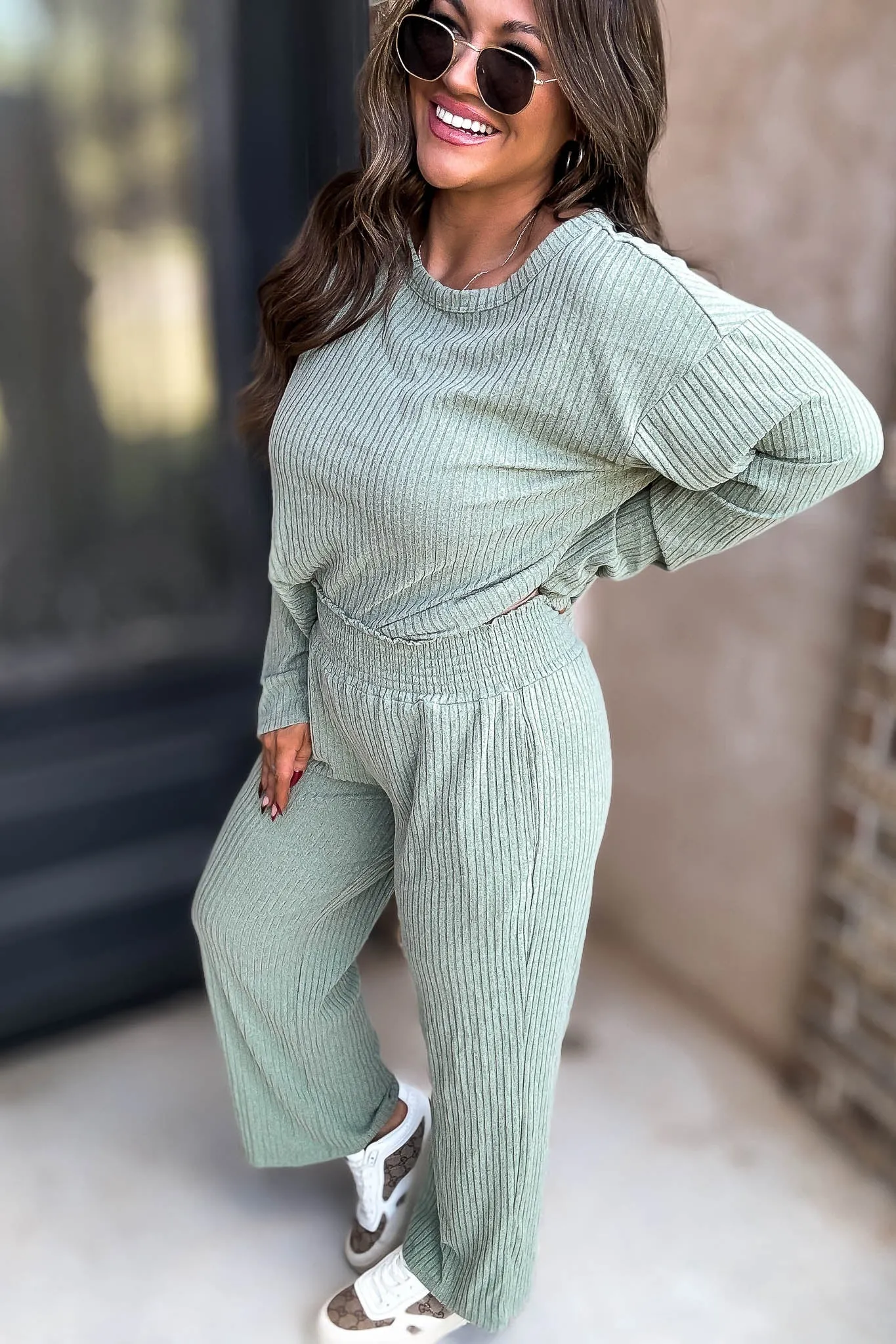 Smocked Waistband Ribbed Wide Leg Sage Pants