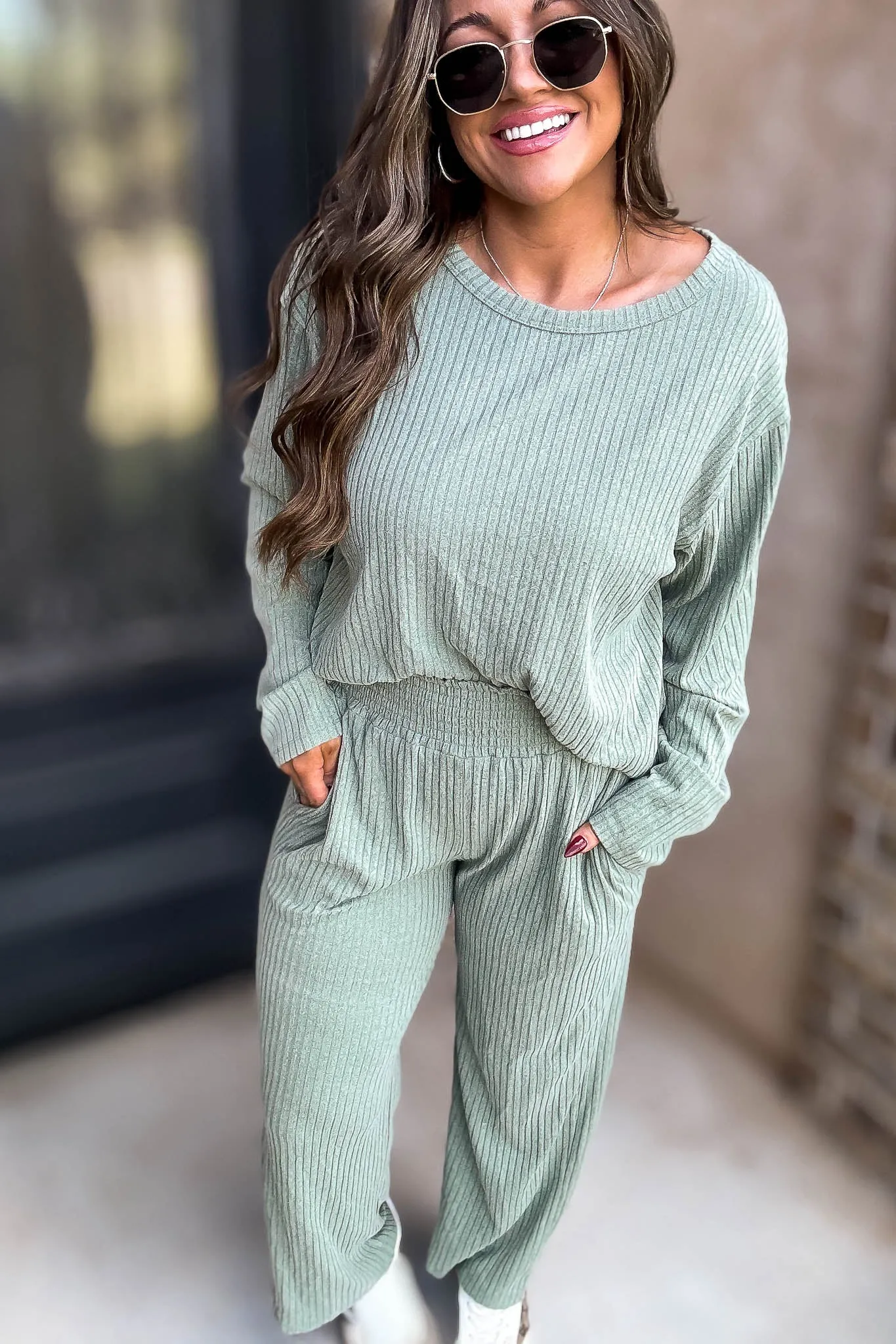 Smocked Waistband Ribbed Wide Leg Sage Pants