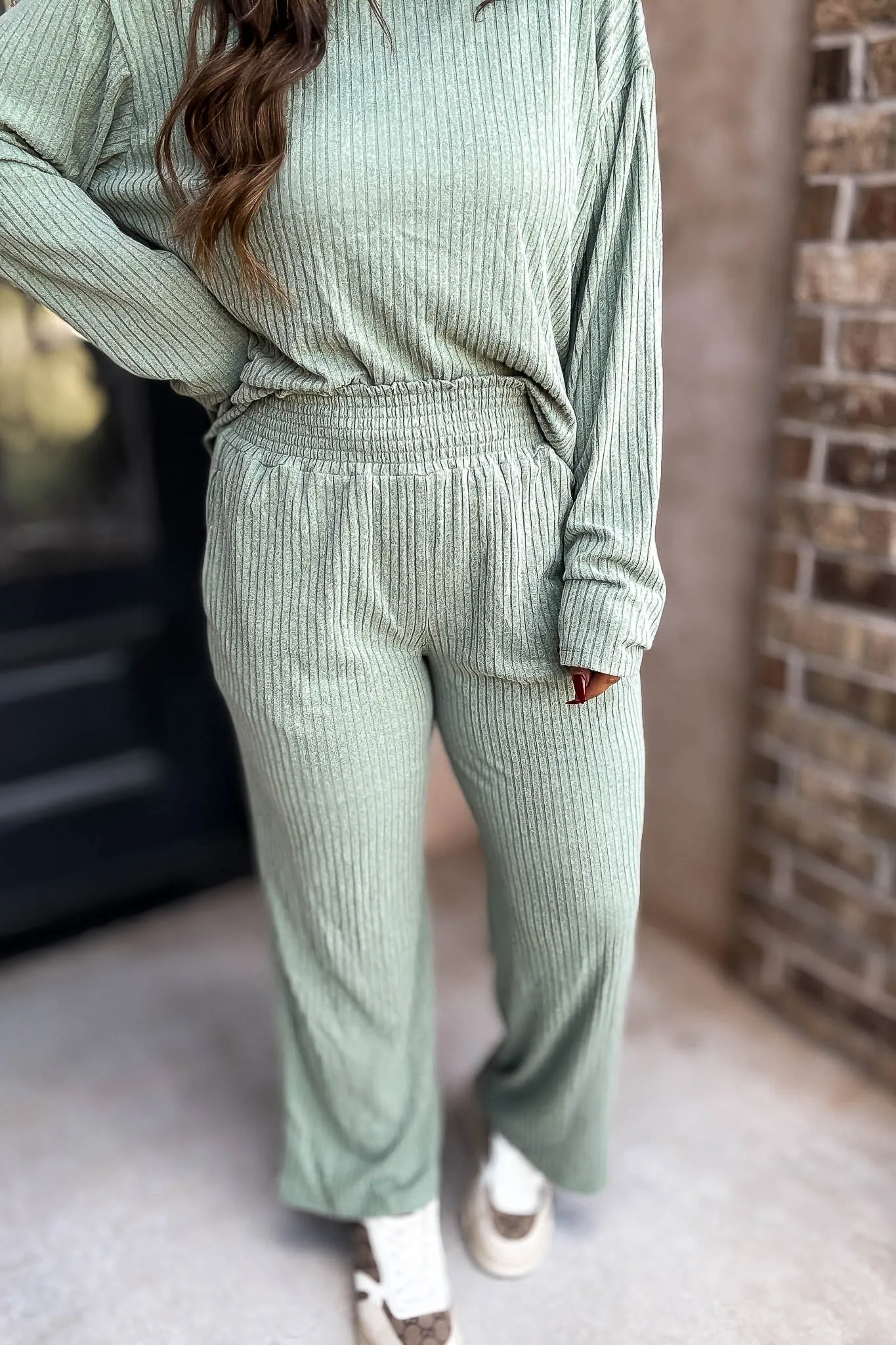 Smocked Waistband Ribbed Wide Leg Sage Pants