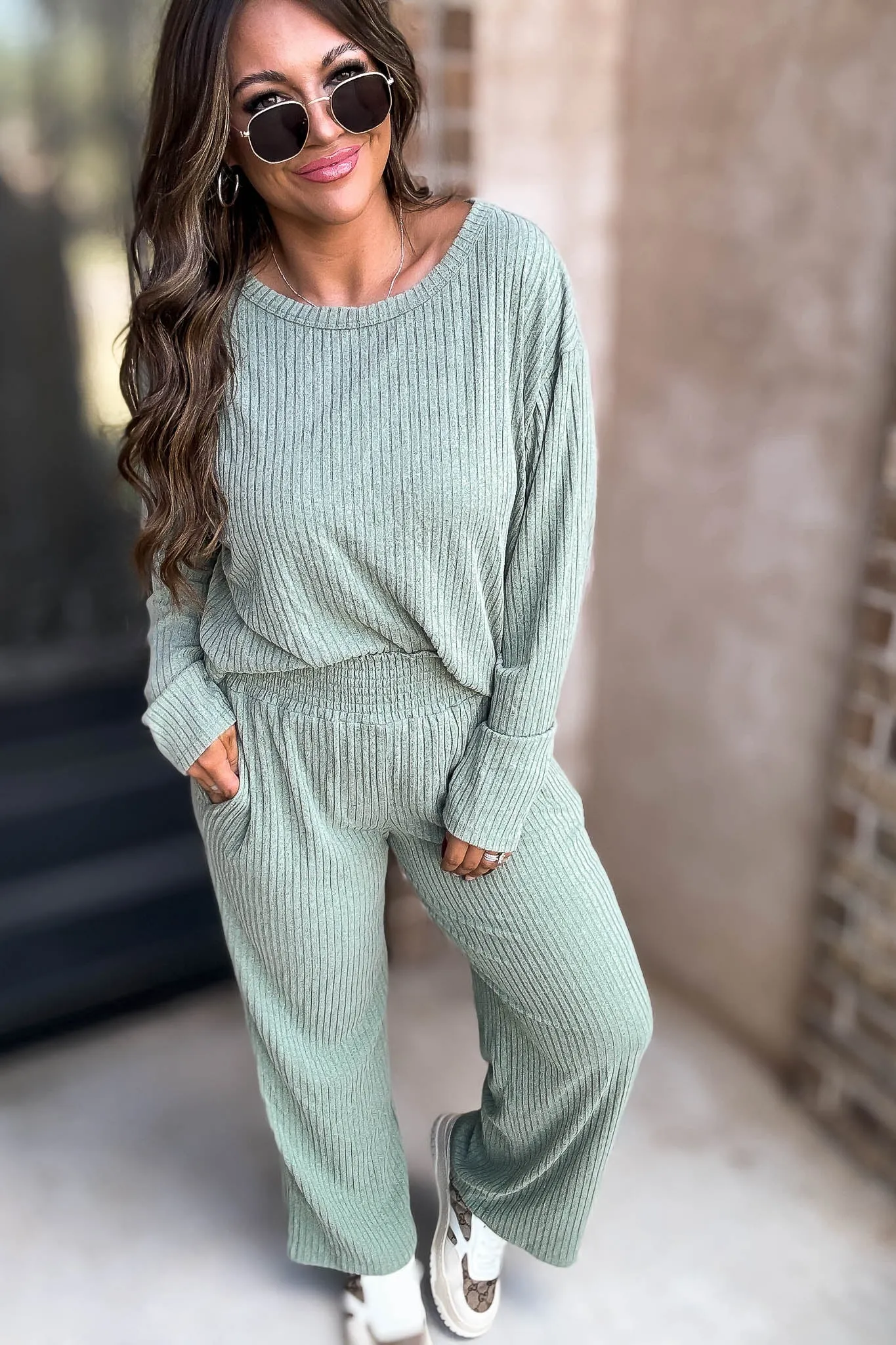 Smocked Waistband Ribbed Wide Leg Sage Pants