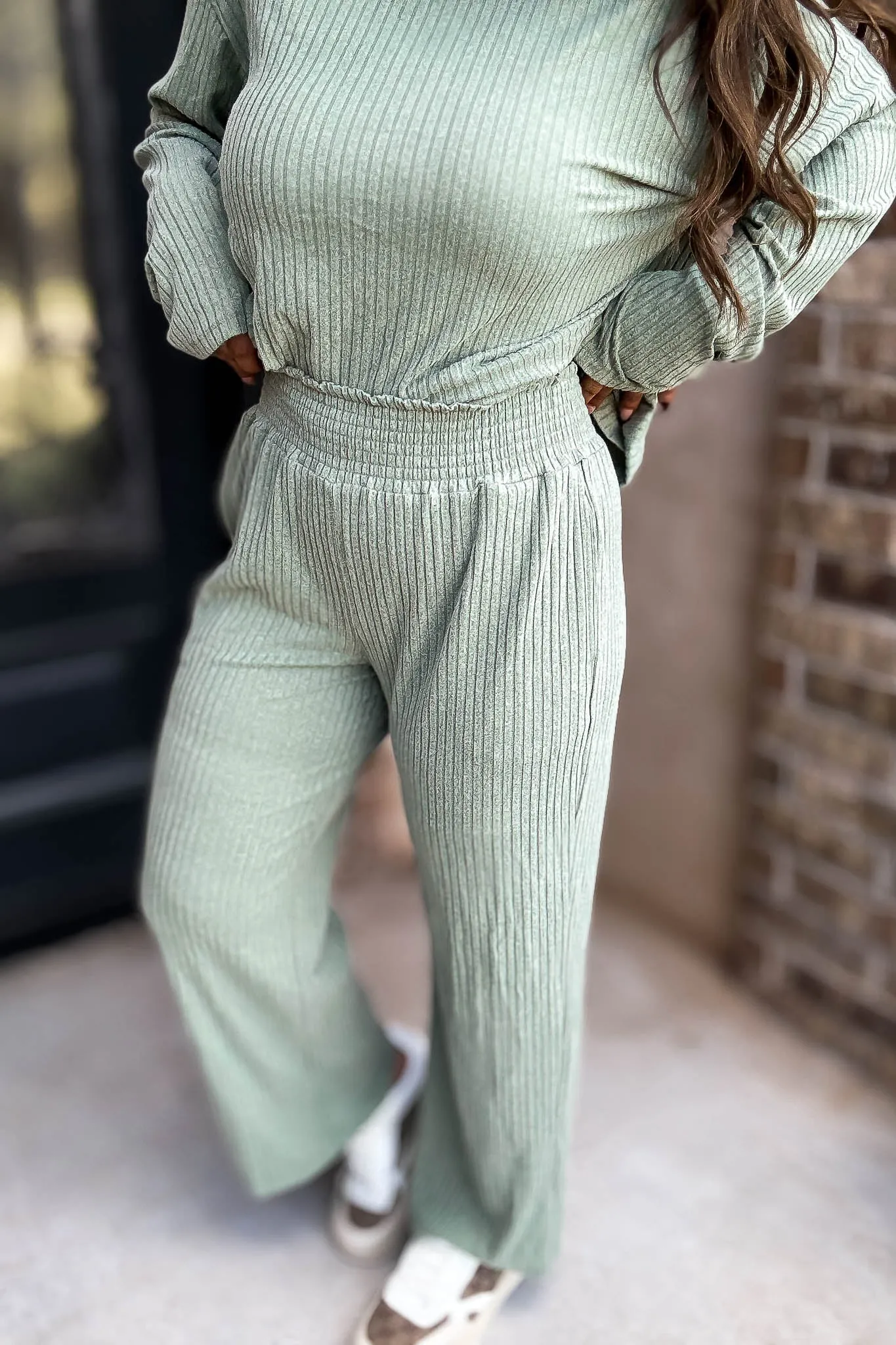 Smocked Waistband Ribbed Wide Leg Sage Pants