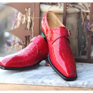 Tailor Made Men's Pure Red Color Alligator Leather texture Single Monk Strap Formal Shoes