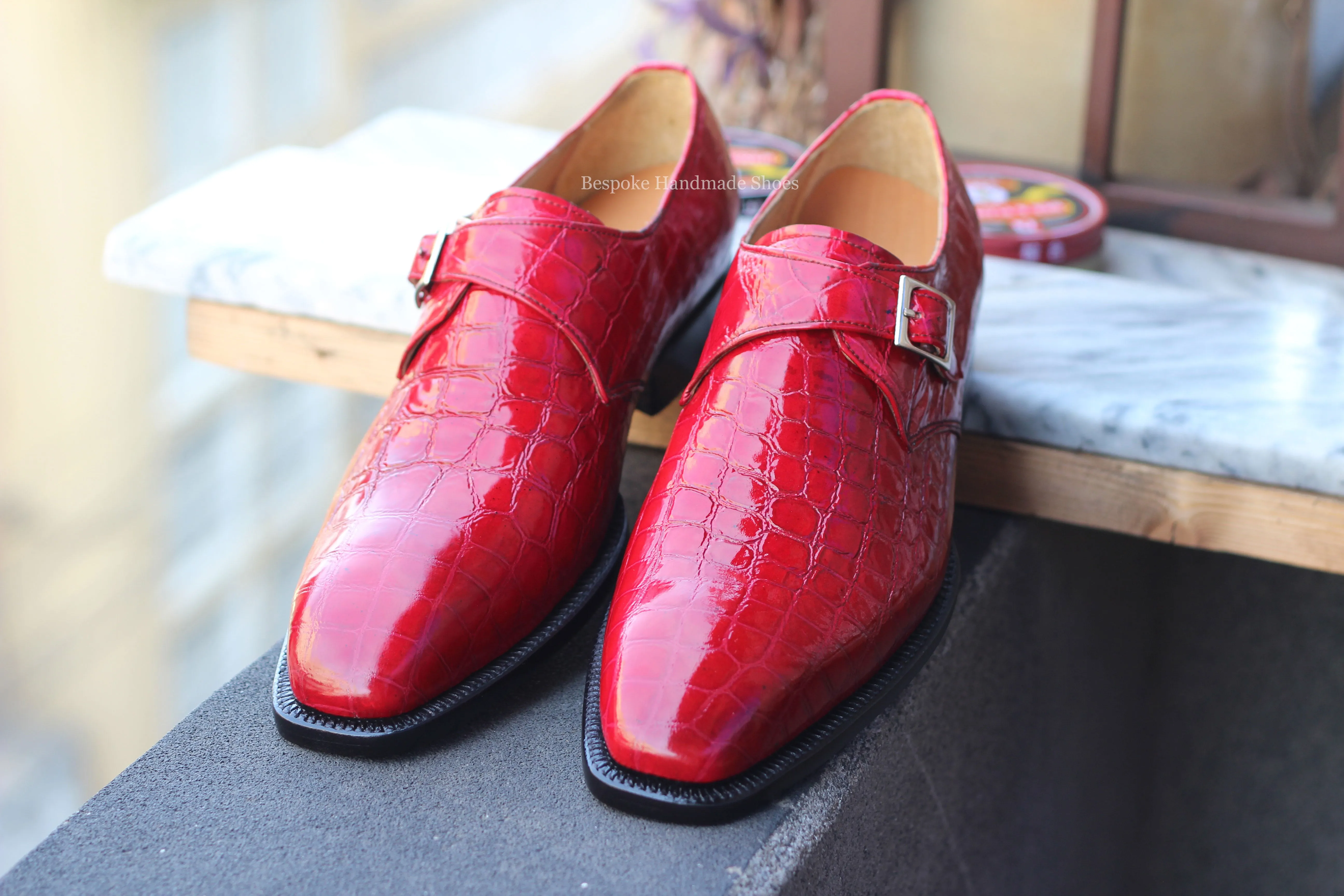 Tailor Made Men's Pure Red Color Alligator Leather texture Single Monk Strap Formal Shoes