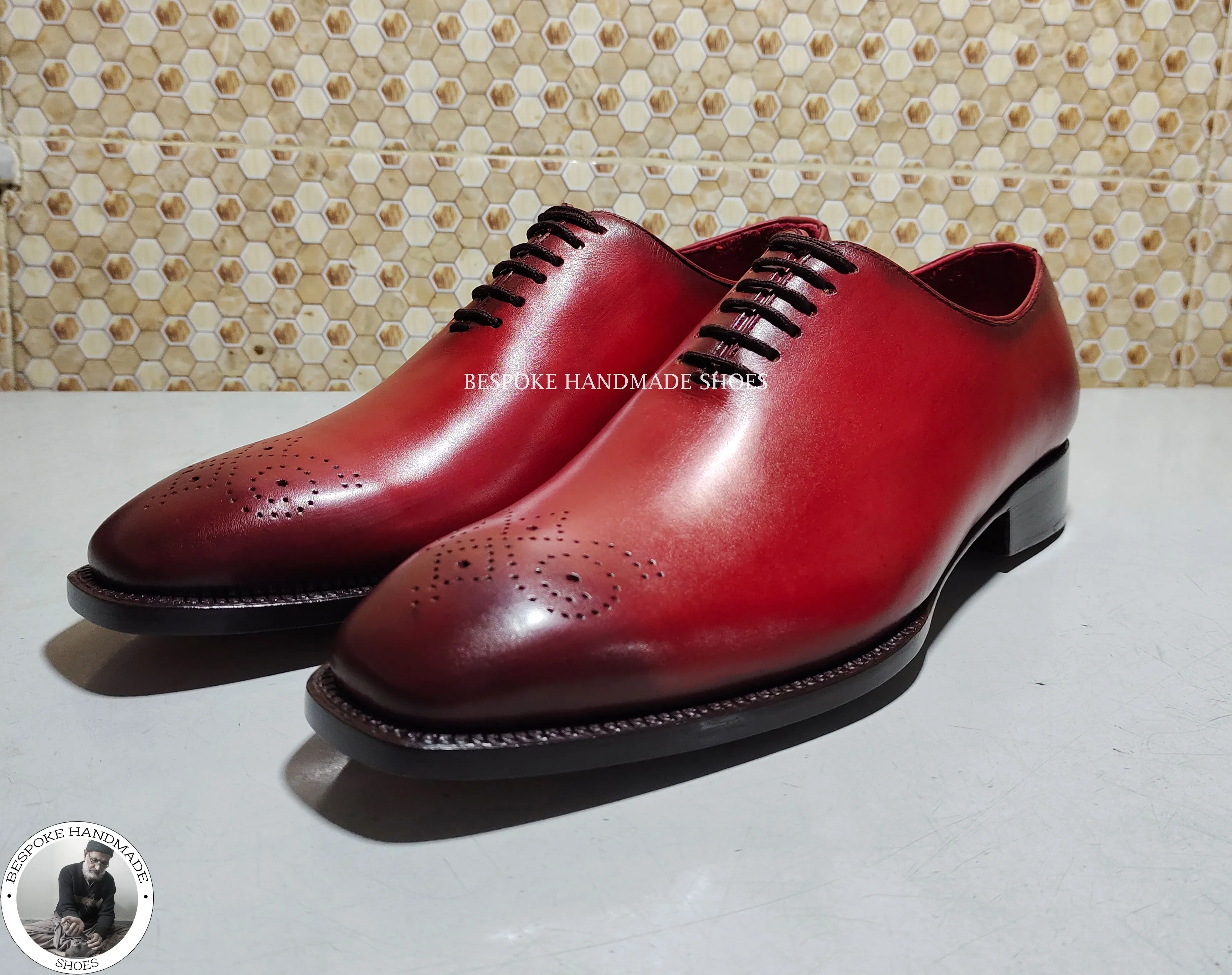 Tailor Made Red Leather Black Shaded Shoe, Wholecut Brogue Fashion Shoes For Men's