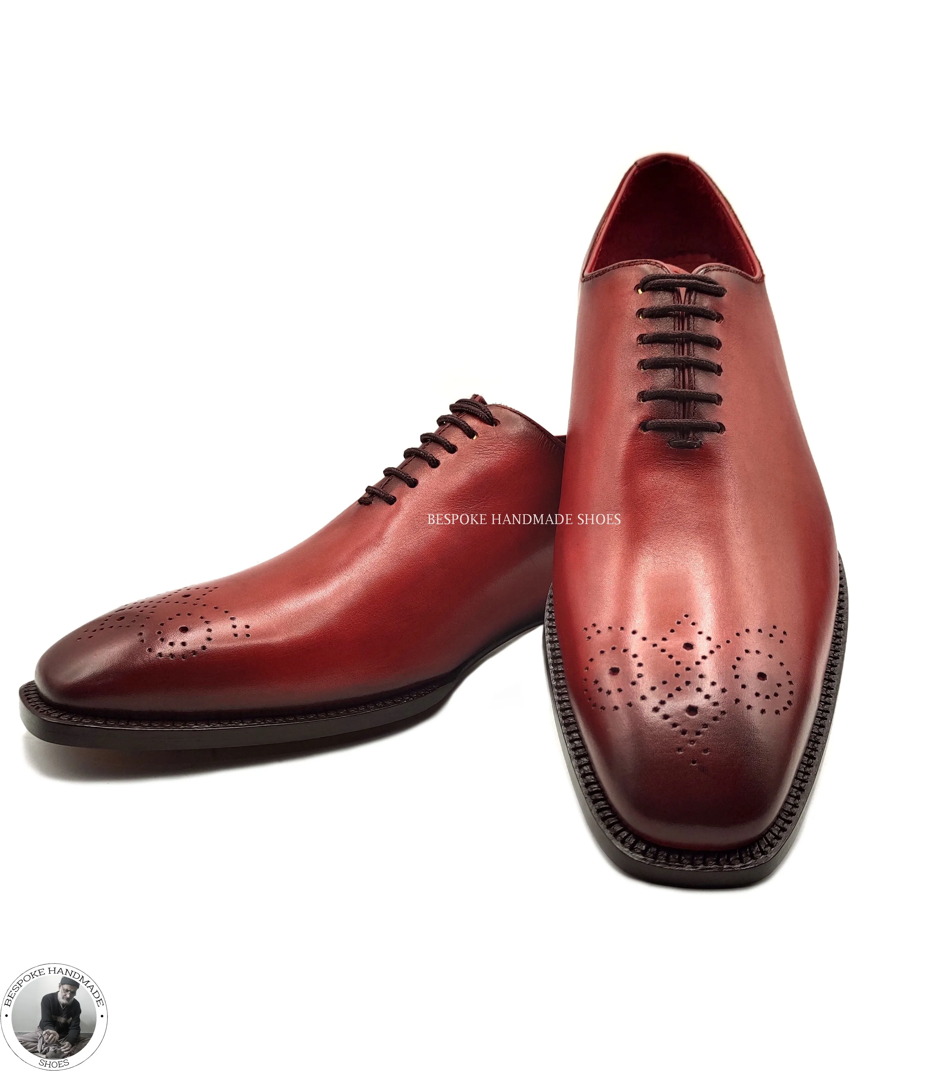 Tailor Made Red Leather Black Shaded Shoe, Wholecut Brogue Fashion Shoes For Men's