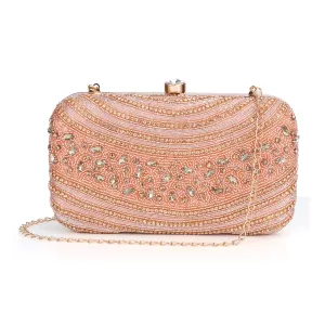 THE CLOWNFISH Emerald Collection Womens Party Clutch Ladies Wallet Evening Bag with Fashionable Round Corners Beads Work Floral Design (Pink)