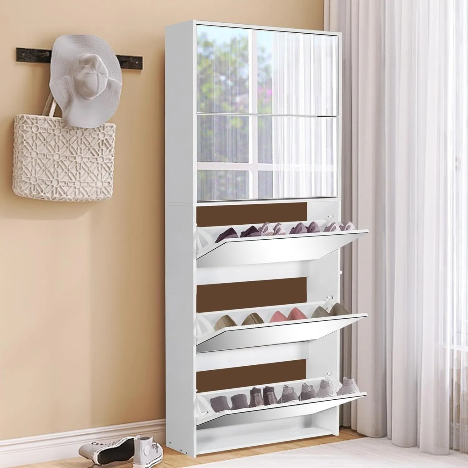 timeless Mirrored Shoe Rack Organizer Slim Shoe Storage Cabinet for Entryway w/ 5 Flip Drawers