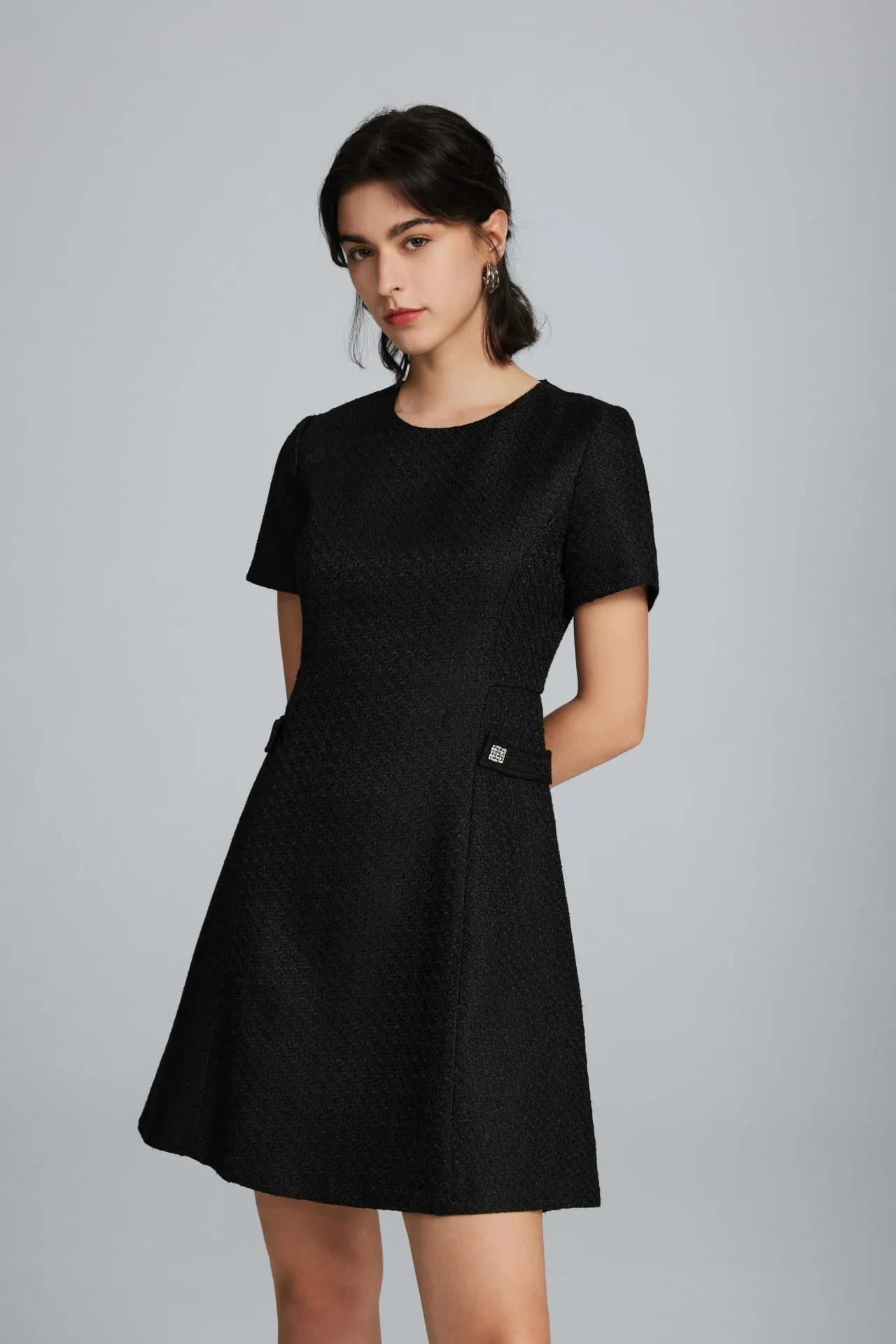 Twiggy Tweed Dress with Braided Neckline