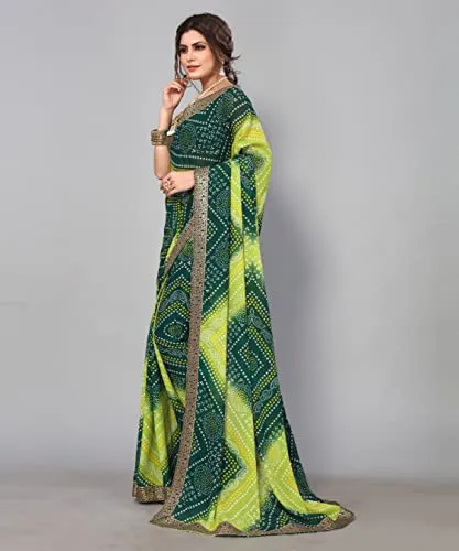 Yashika Women's Printed Georgette With Lace Saree With Blouse Piece (VERA GREEN)